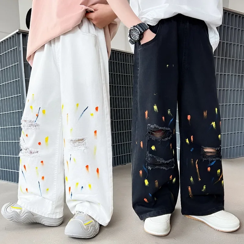 New Summer Kids Ripped Jeans with Spray-Paint Embroidered Distressed for Boys Wide Leg Denim Pants Children Loose Trousers