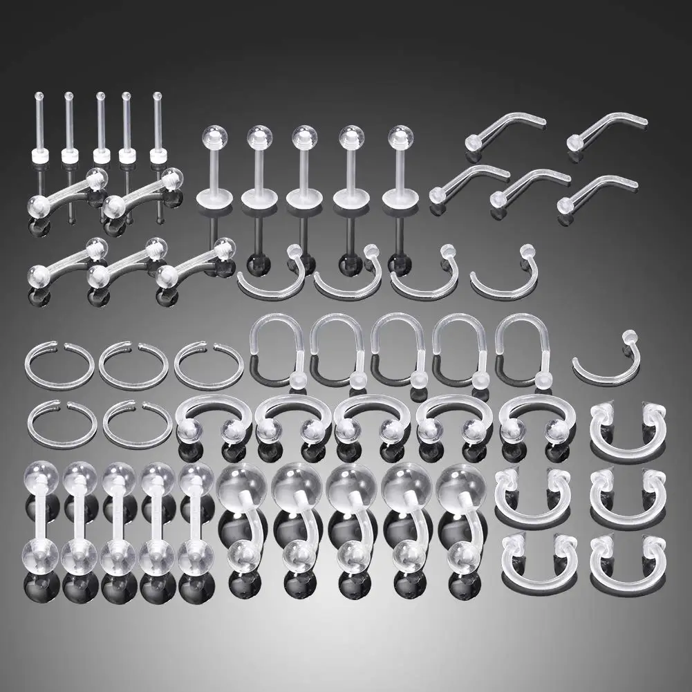 55Pcs Clear Piercing Retainers Flexible Bioflex 14G 16G 20G Navel Ring Lip Eyebrow Tongue Barbells Cartilage Tragus Earrings