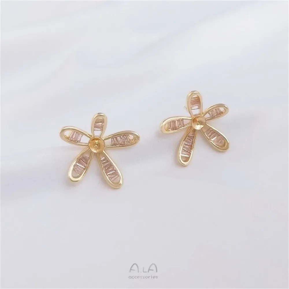 14K Gold-Color Zirconium Five-petal Flower Pearl Empty Holder Earrings 925 Silver Needle DIY Handmade Flower Earrings Material