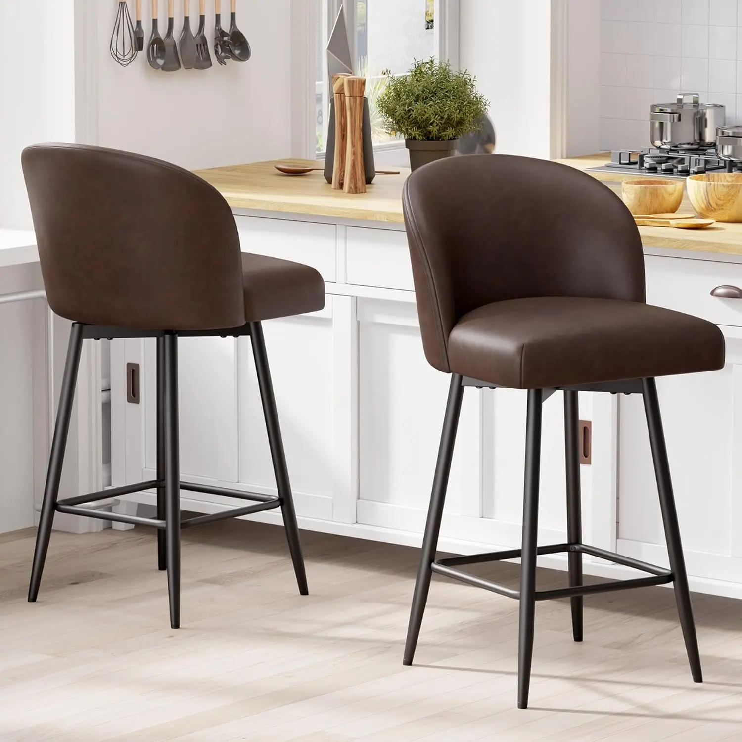 Counter Height Bar Stools Set Of 2,360° Swivel Barstools With High Back And Metal Legs,26