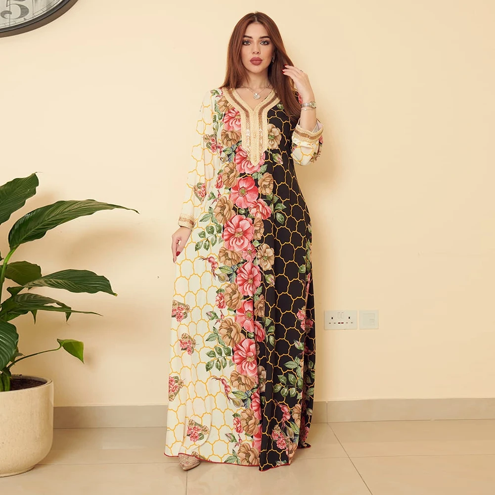 Elegant Ethnic Floral Maxi Dress Abayas For Women Jalabiya Moroccan Kaftan Muslim Evening Party Ramadan Eid Dubai Caftan Jalaba