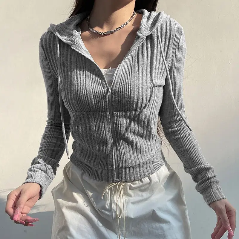 Gray Zip Up Knitted Hooded Jackets Women Pockets Details Solid Simple Basic Minimalist Slim Long Sleeve Hoodies Knitwear