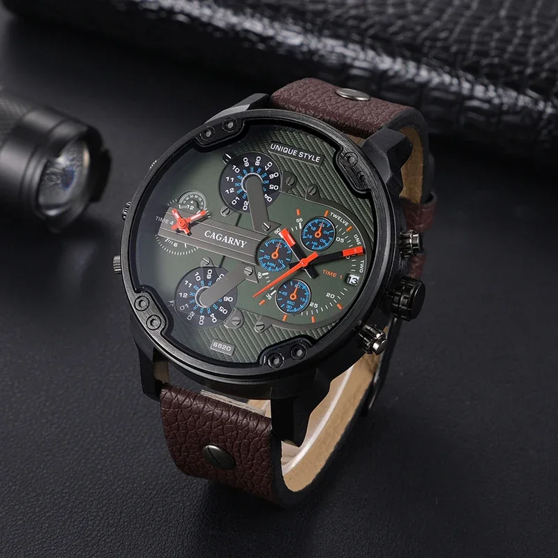 Montre à quartz de luxe pour homme, grand boîtier, 2 fuseaux horaires, montres en cuir, décontracté, militaire, horloge masculine