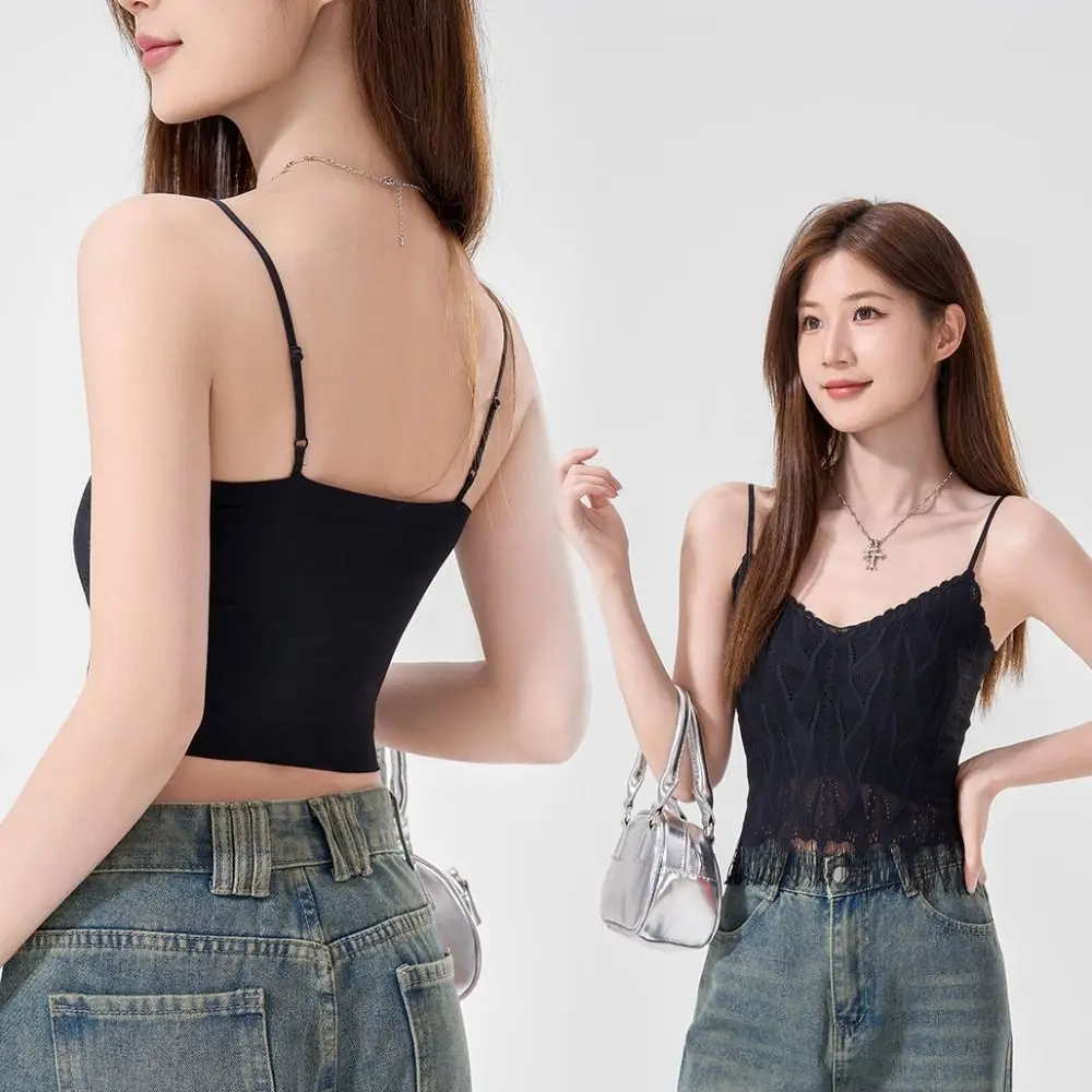 Ins Fashion Tassel Lace Mesh Camisole Sleeveless Deep V Lace Crop Top Thin Seamless Suspender Vest with Pads Women