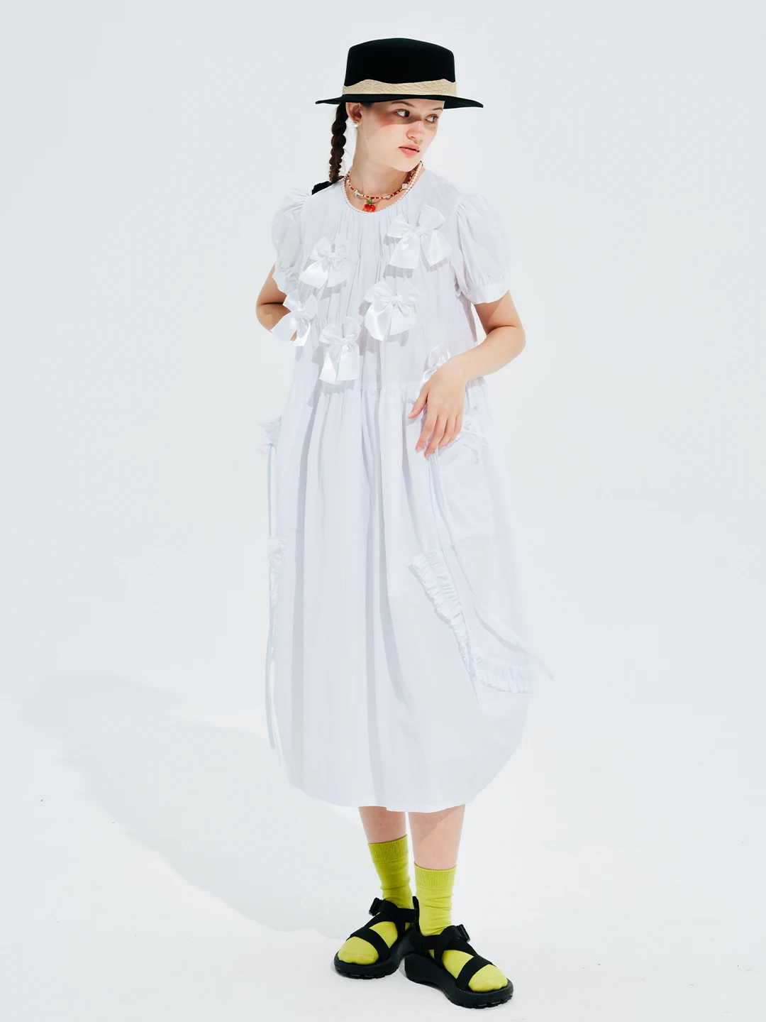 

imakokoni 2024 summer new pure cotton white bow sweet medium-length dress 244673