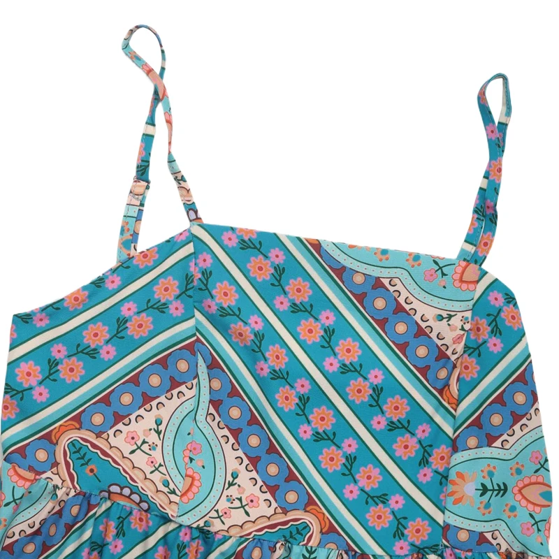 Abito da donna Boho con stampa geometrica, cinturino per spaghetti, vita aderente, abito longuette fluido per le vacanze estive, feste casual in spiaggia