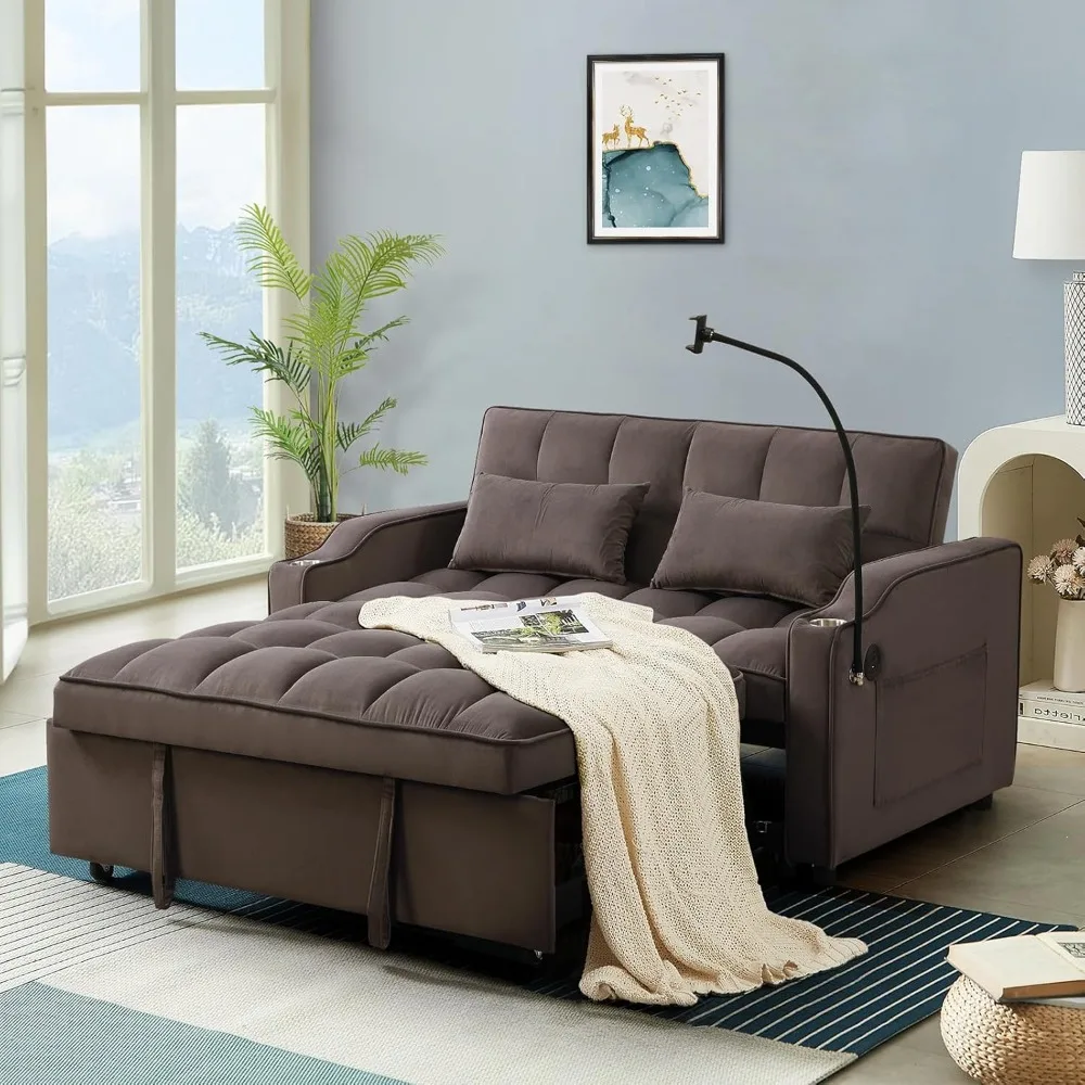 

Sleeper Sofa Couch Bed with USB & Type C Port, Modern 3-in-1 Convertible Velvet Pull Out Loveseat Futon Sofa w/Phone Holder/Cup