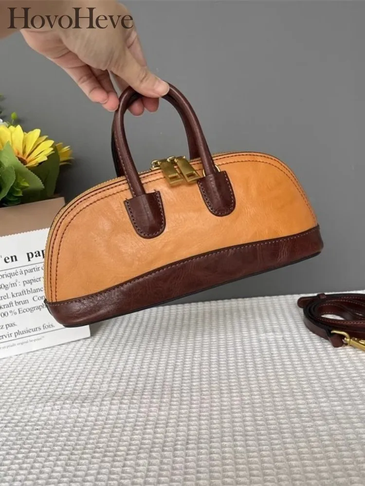 

Women Mixed Colors Design Vintage Cowskin Genuine Leather Totes Handbag Office Ladies Shell Bag Single Shoulder Messenger Bag