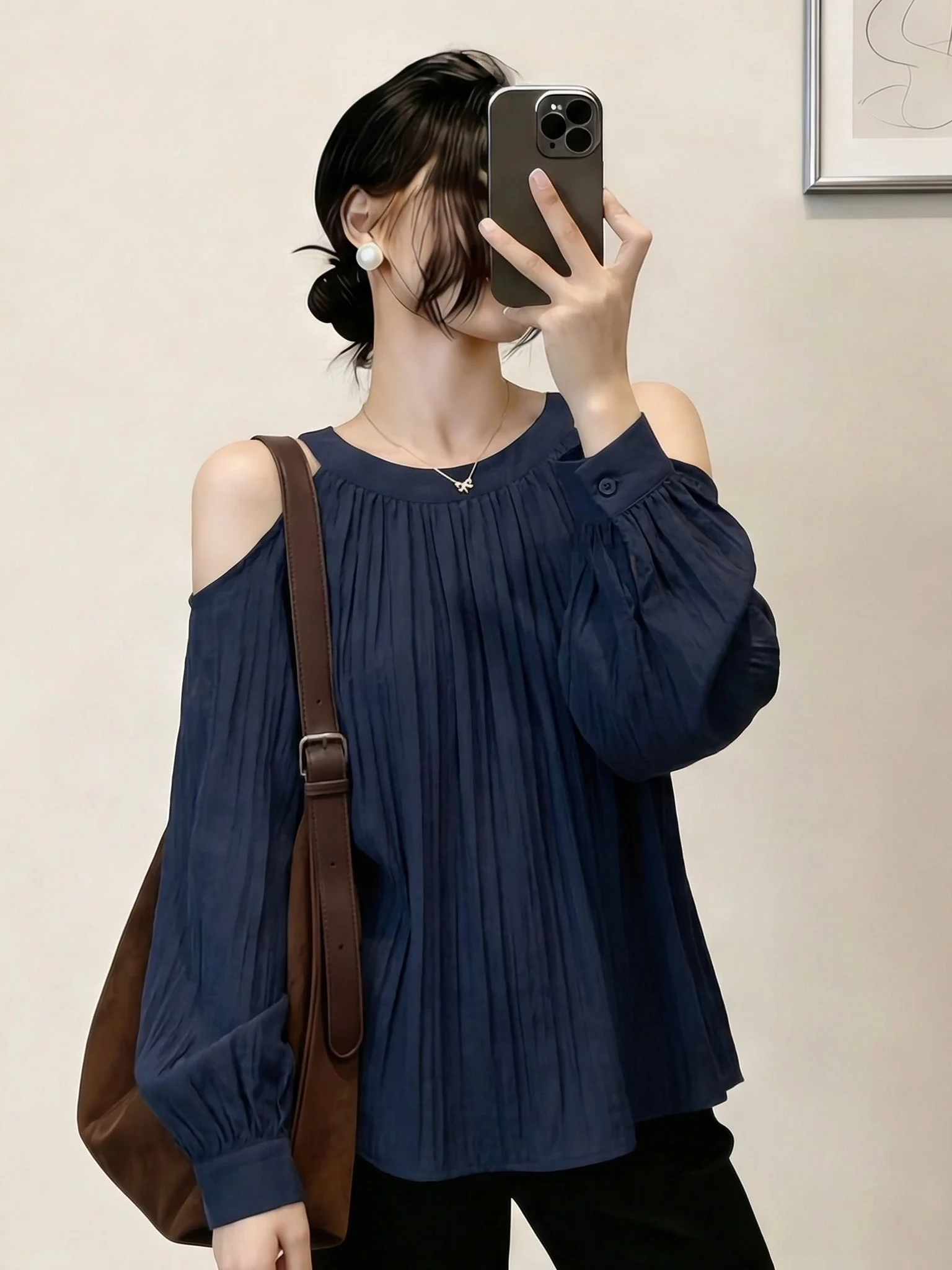 

Elegant Dark Blue Off-Shoulder Women's Shirt Spring Summer New Style plus Size Doll Shirt Korean Style Long Sleeve round Neck