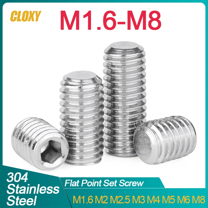 50/ 20/ 10pcs M1.6 M2 M2.5 M3 M4 M5 M6 M8 DIN913 304 Stainless Steel Allen Hex Hexagon Socket Flat Point Set Screw Headless Bolt