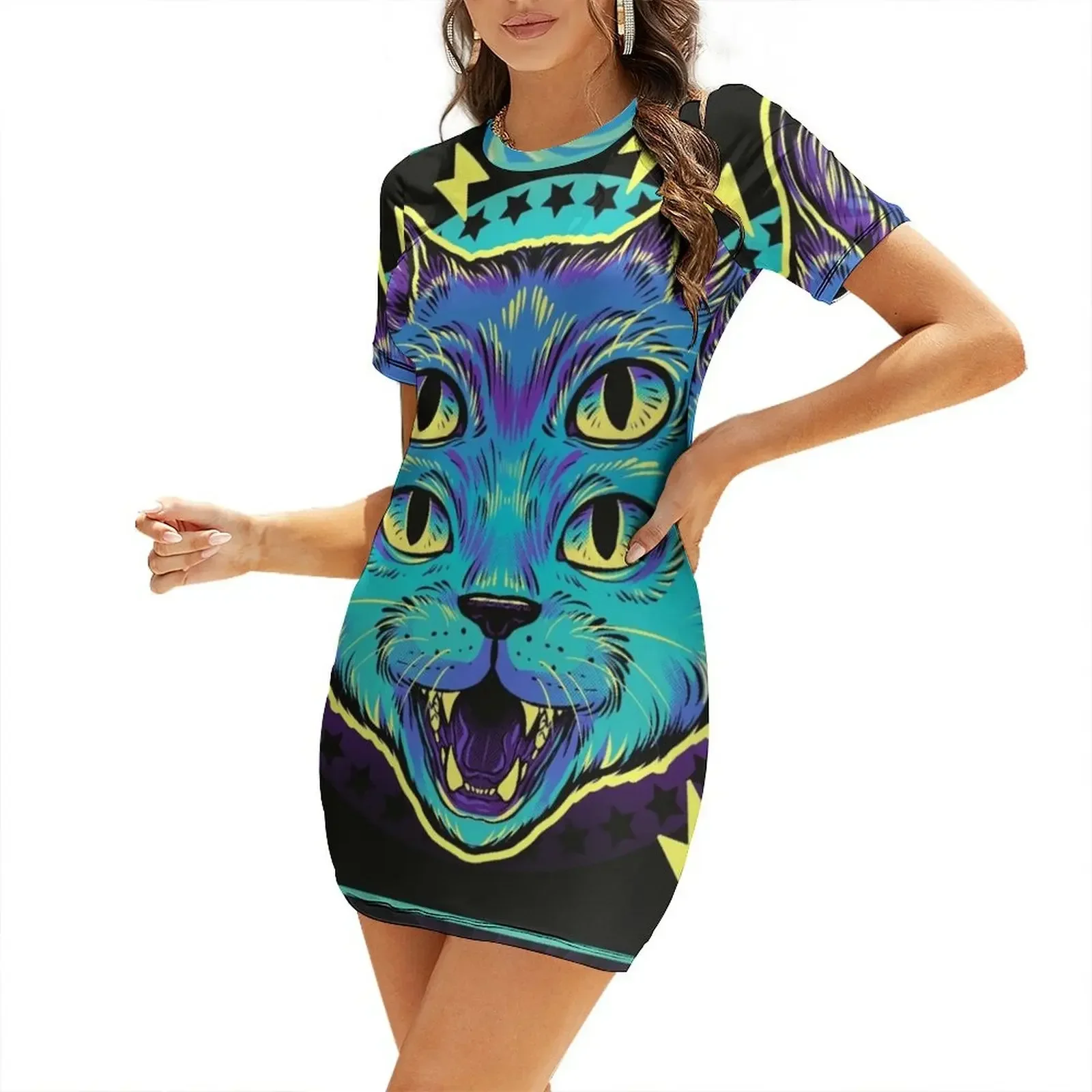 

4 Eye Cat Short-Sleeved Dress dresses for official occasions women's summer clothing 2026 Cocktail of dresses