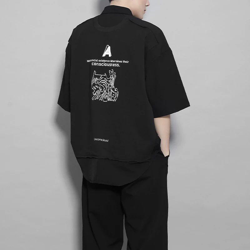 

Original Design Men's Trendy Short Sleeve Shirt Personality Print Splice Black Asymmetric Casual Loose Streetwear Top