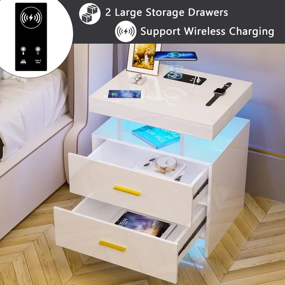 LED nightstands sada z 2, moderní u postele stůl s 2 porty & bezdrátový nabíjení nádraží, vysoký lesklý u postele stolečky s 2 zásuvek