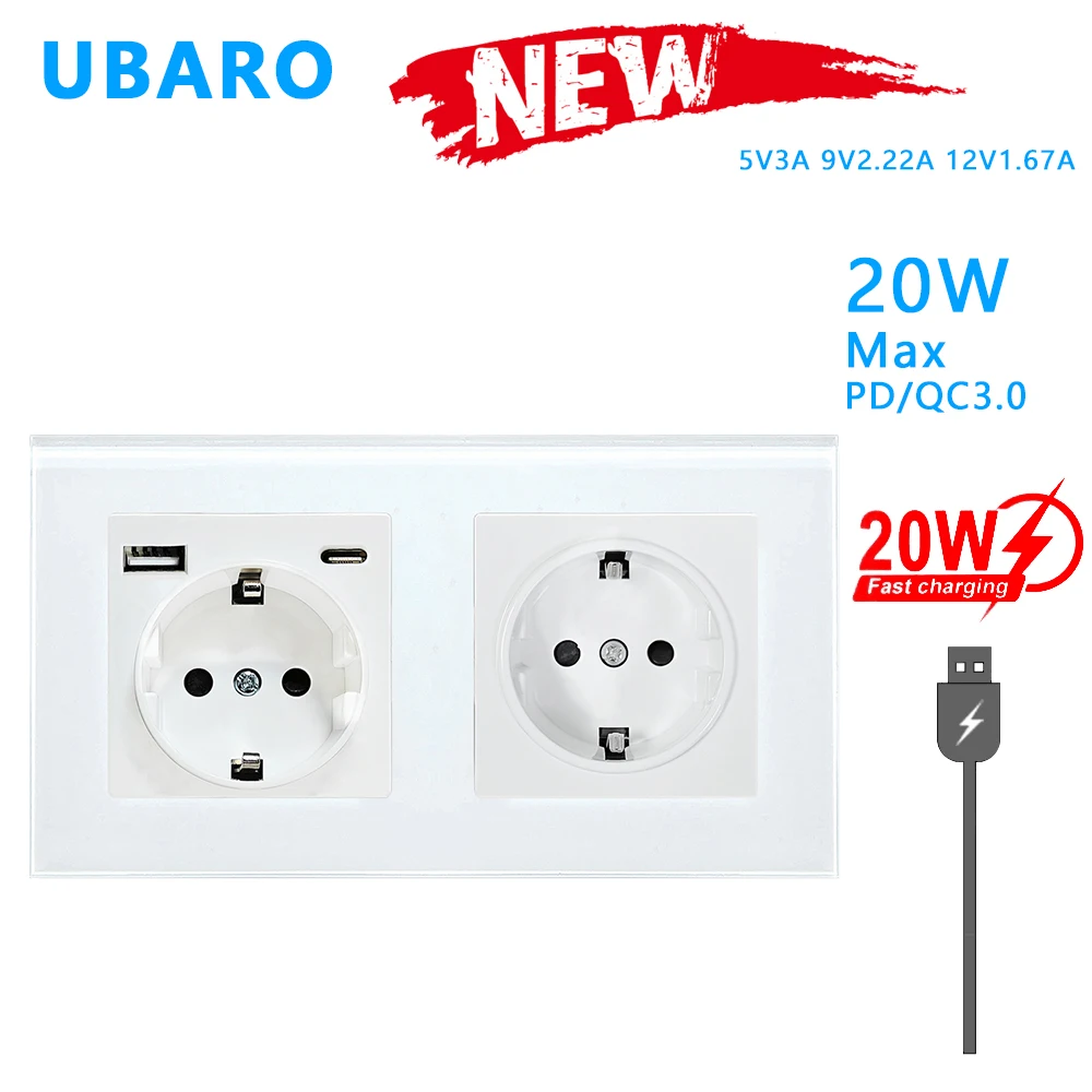 UBARO 153*82mm Tempered Glass Panel 5V3A Fast Charging USB Type C Wall Double Socket Home Power Outlet Built-in Socekts 250V 16A