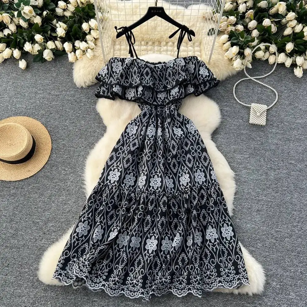 Retro schulterfrei Slip Rüschen ausgeschnitten Stickerei Kleid Strand Urlaub Frauen koreanische Mode Sommer Vestidos Kleider