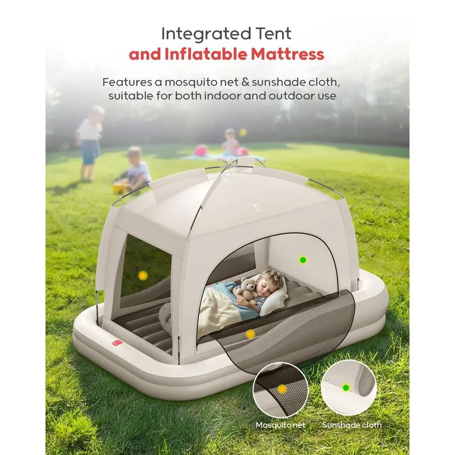 سرير سفر للأطفال الصغار قابل للنفخ مع خيمة، مرتبة هوائية محمولة للأطفال مع مصدات أمان، مثالية للمنزل والجدات والتخييم والسفر