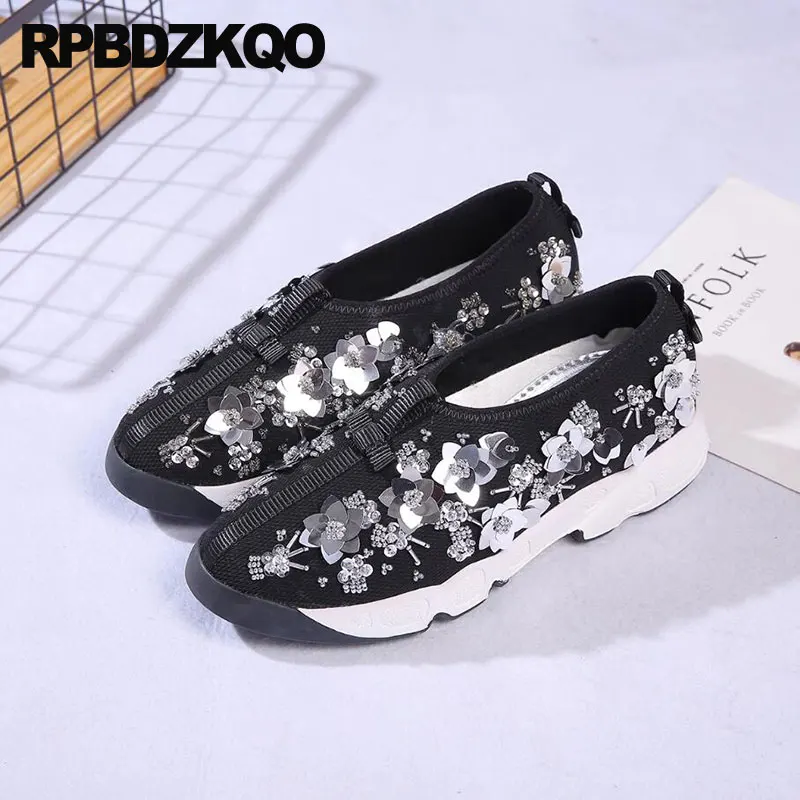 Embroidery Women Flower Ladies Beautiful Flats Shoes Diamond Trainers Black Embroidered Mesh Wedge Sneakers Floral High Quality