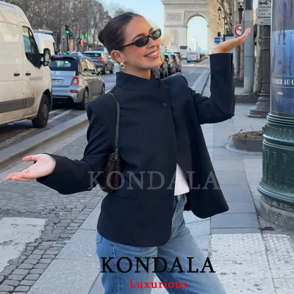 KONDALA Vintage Office Lady Blazer Black Solid O-Neck Long Sleeve Single Breasted Straight Blazer New Fashion 2026 Spring Blazer