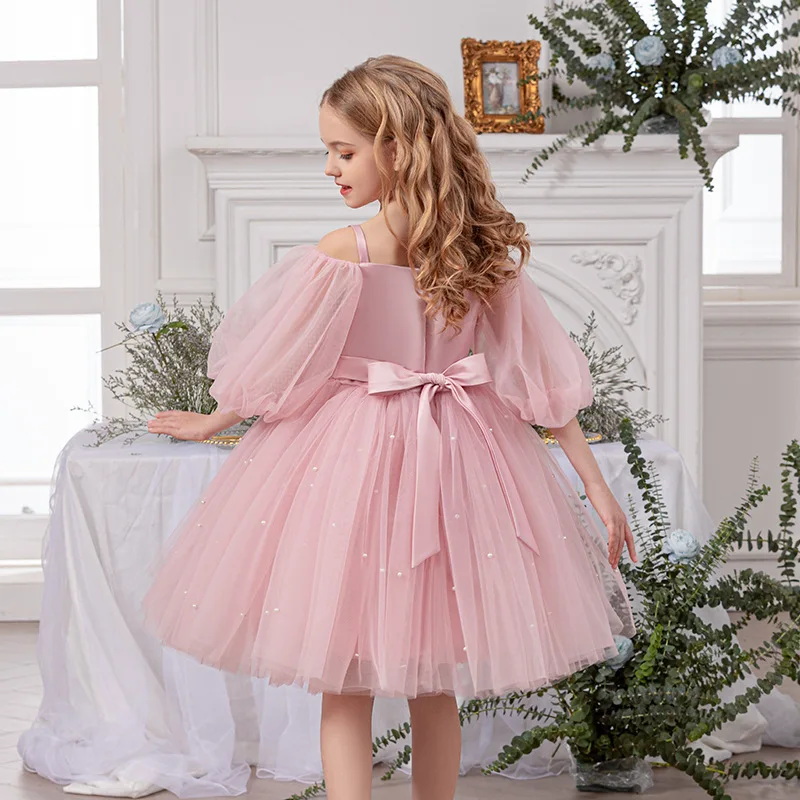 

Flower Girls Beading Bow Lace Long Sleeve Dress For Teens Performance Ceremony Wedding Birthday Party Formal Pageant Prom Gown