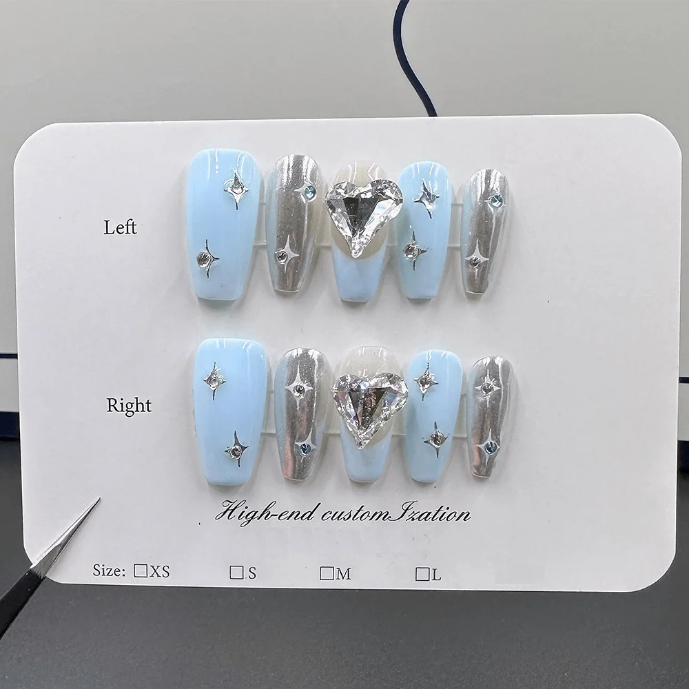 MAGO Handmade Press on Full Cover Professional Nails Light Blue Heart Mid-Length Reusable Finished Fake Nails