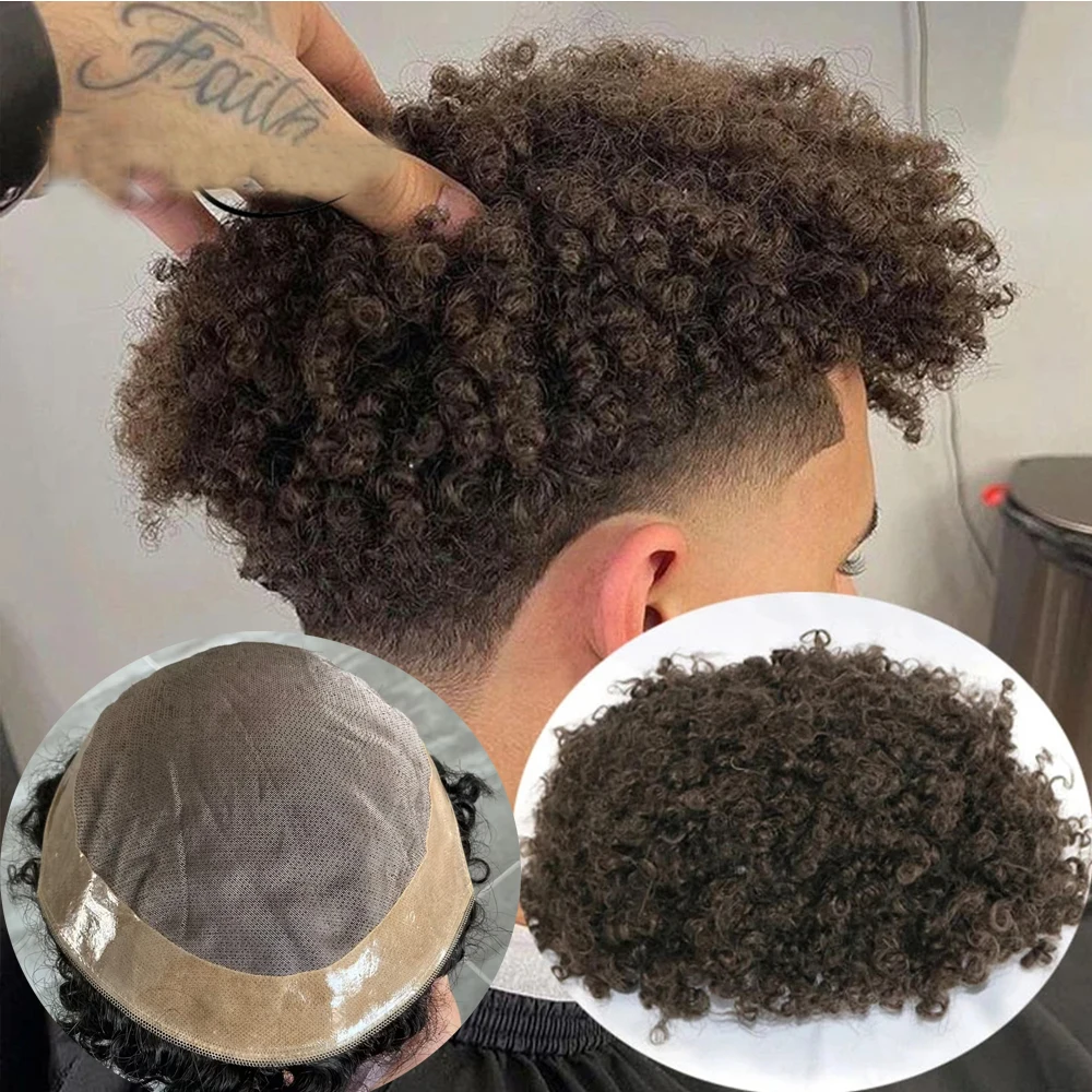 8mm Afro Toupee Man Weave Unit Black Mens Kinky Curly 100% Human Hair Afro American Toupees for Men Mono Lace with PU Around