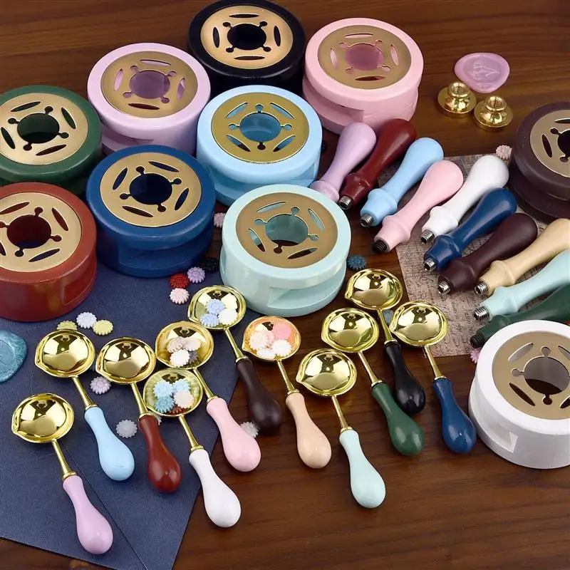 2/3pcs Wax Seal Stamp Set Solid Wood Wax Melting Furnace With Spoon 1 Set Of Wax Seal Melting Heater Wax Pot Bead Rod Heater