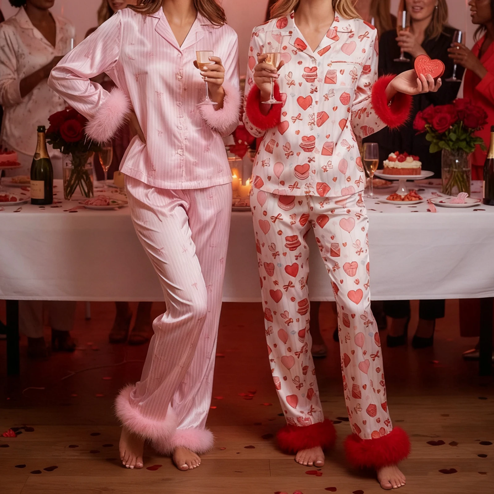 

Women's Valentine's Day Pajama Sets Satin Long Sleeve Lapel Bow Stripe/Bow Heart Print Button Shirts Pants Sleepwear Loungewear