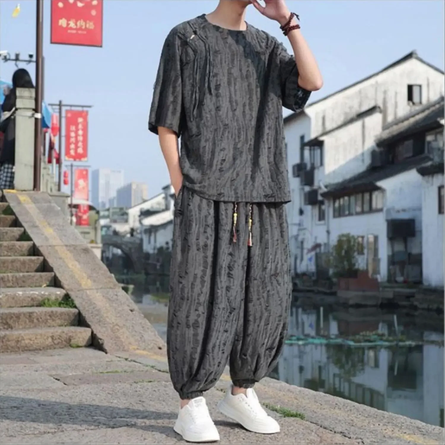 Men's Chinese Style Linen Co-ord Set Oversized Jacquard T-Shirt & Harem Pants Two Piece Outfit