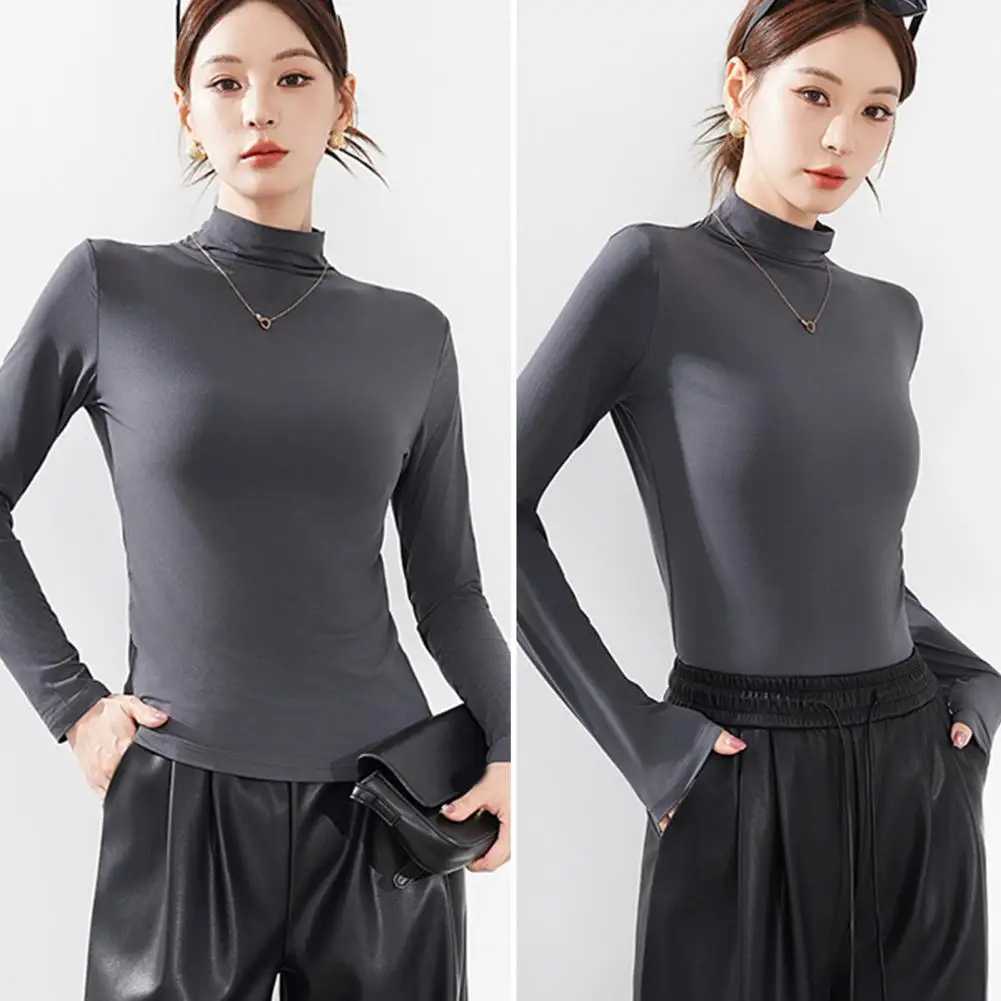 Minimalist Casual Top Women's Slim Fit Long Sleeve High Collar Pullover Blouse Lightweight Stretchy Casual Top for Bottoming