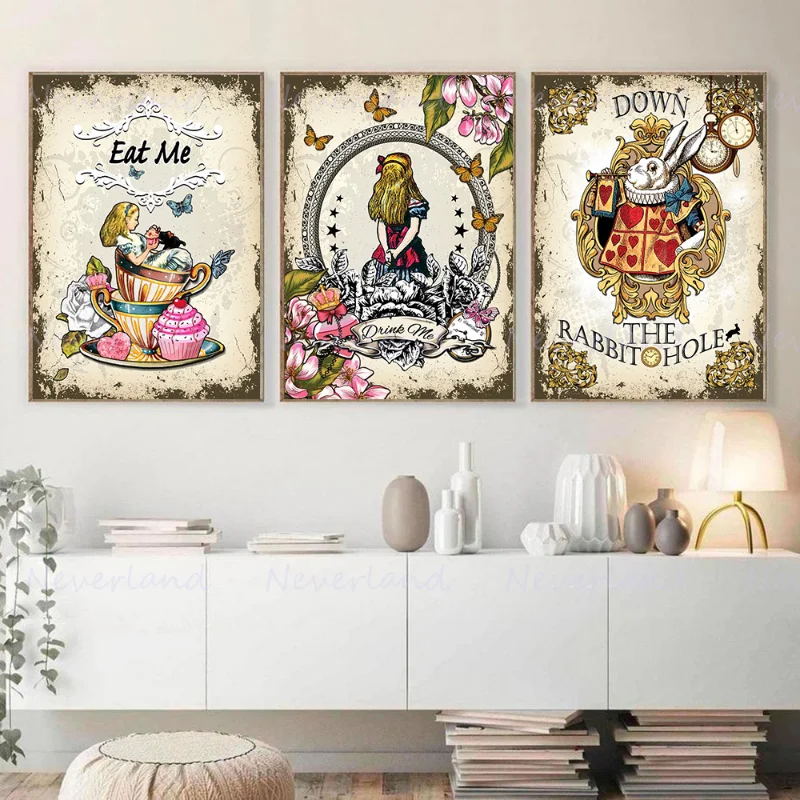 Classic Fairy Tales Alice In Wonderland Retro Posters Cheshire Cat Canvas Painting and Prints Wall Art Picture for Kidroom Decor