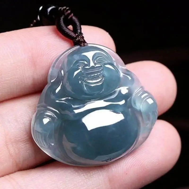 Natural Myanmar Jadeite Grade A Burma Blue Water Jade Buddha Pendant Necklace Men Women Fine Jewelry Lucky Charms Amulets