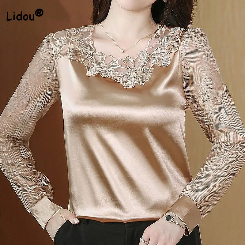 

Spring Autumn Vintage Solid Color Lace Spliced Tops Women's Clothing Elegant All-match V-Neck Mesh Long Sleeve T-shirt Female