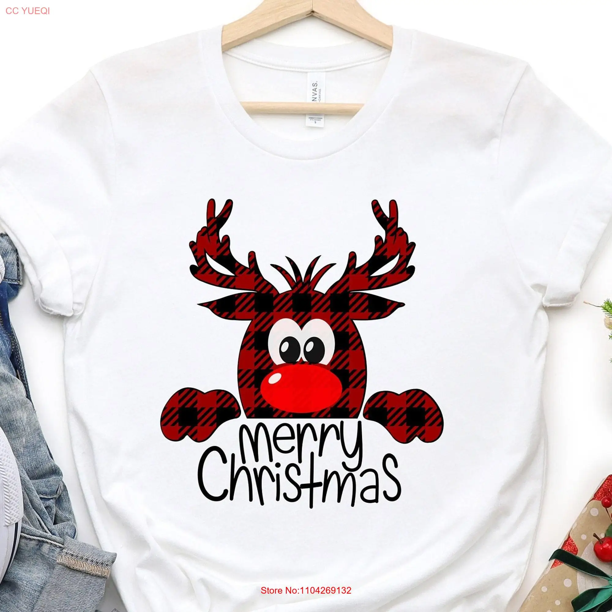 Buffalo Plaid Reindeer Christmas T Shirt Peeping Merry Family Xmas long or short sleeves