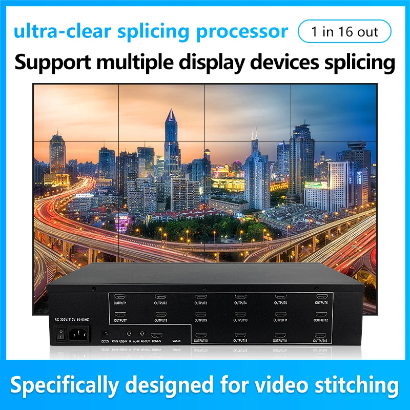 

4x4 HDMI Video Wall Controller 4K Processor MultiScreen Stitching 3840x2160P30Hz 1 Input 16 Out TV Splicing Box Splicer 180° Fl