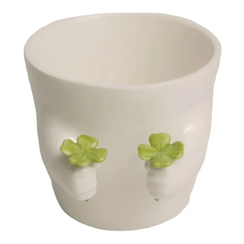 Mug Handmade Ceramic Cup Grip Grass Shape Pure White Suitable for Table Milk Coffee Breakfast Oat Chinese Style Decorations 1Pc