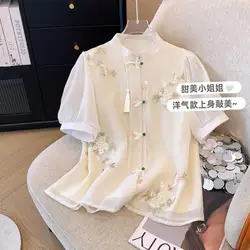 Embroidered Flower Shirt For Women's 2024 New Summer Button Short Sleeve Fashion Loose Top