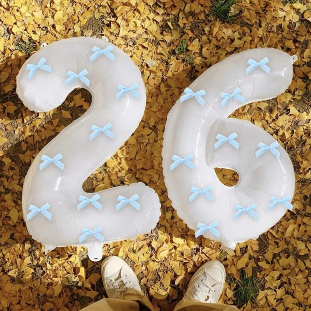 32-inch white aluminum foil digital balloon+10PCS Sky blue bow set, birthday party decoration, large size 0-9