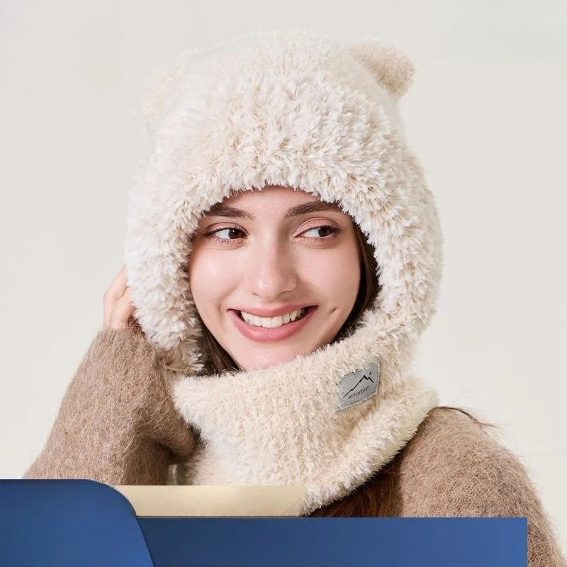 Warm Ear Protector, Scarf Integrated Plush Pullover Hat for Men and Women, Windproof and Cold-proof Thickened One-piece Hat