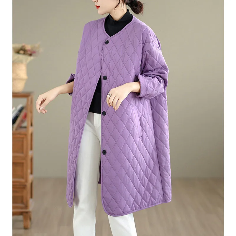 Winter Clothes Light Rhombus Long Cotton-padded Coat Women Fashion Casual Cotton Warm Round Neck Cardigan Cotton-padded Clothes