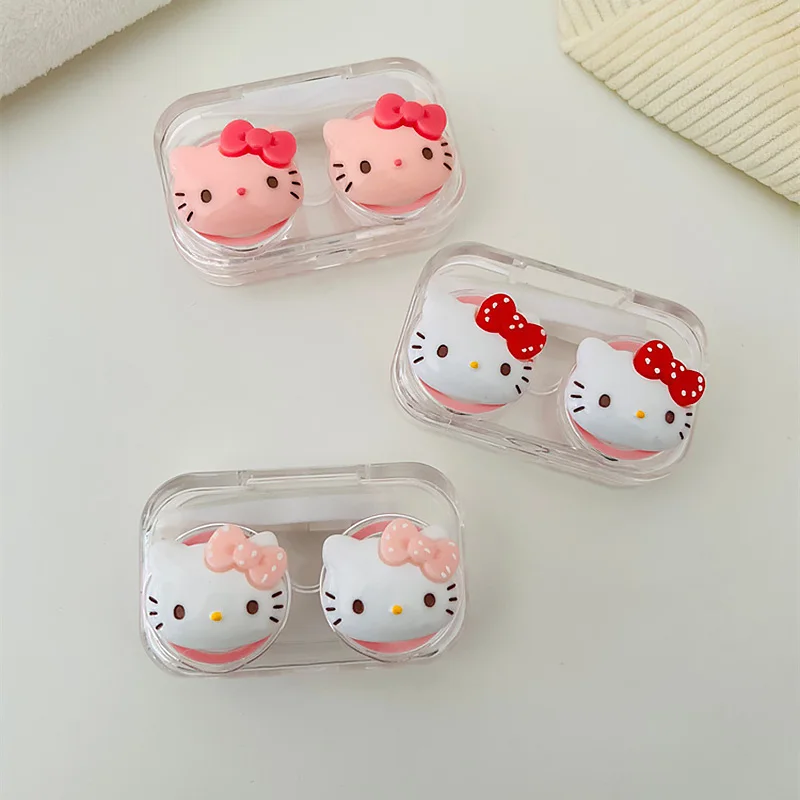 Casing lensa kontak Hello Kitty portabel, casing lensa kontak minus portabel kartun Kawaii transparan, hadiah perjalanan untuk perempuan