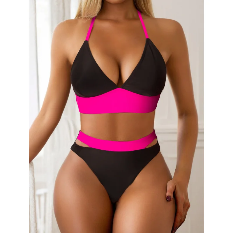 

2025New Solid Color Two-Piece Swimsuit Sexy Color-Block Tie High-Waist Bikini Swimwear