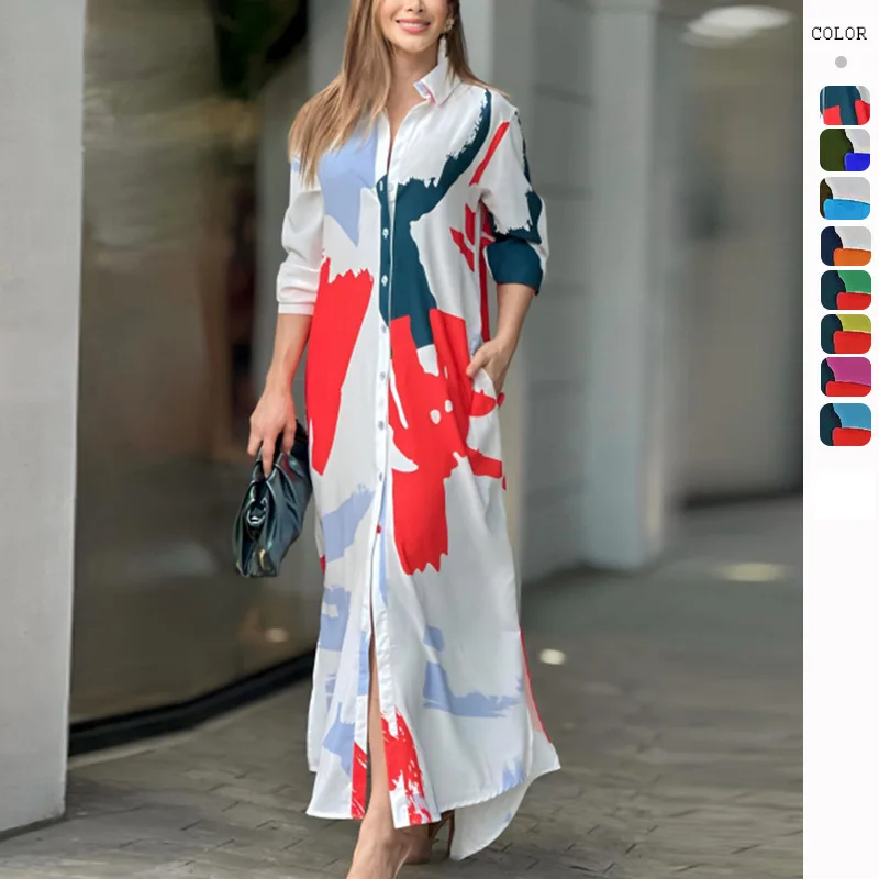 

Woman Long Button Down Print Shirt Dress Colorful Brush Stroke Pattern High Low Hem Ideal for Bohemian Chic Looks