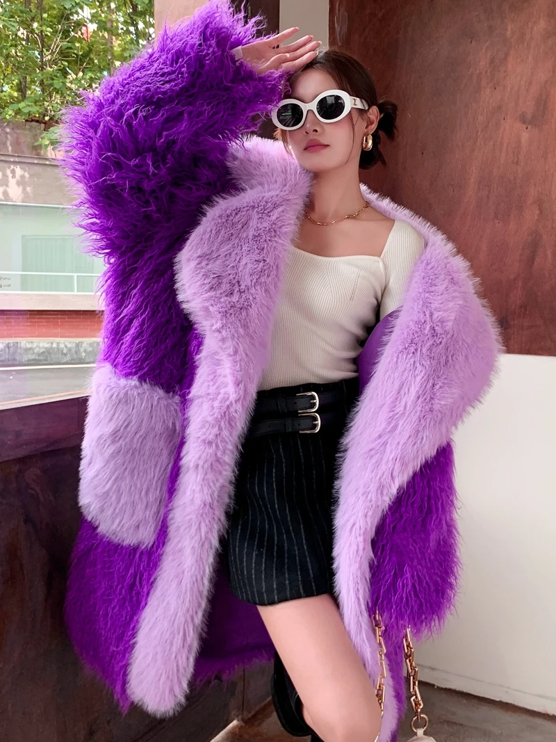 Lady Winter Purple Lapel Faux Fur Coat Stylish Long Jacket Female Streetwear Women\'s Clothing Performance Costume Promotion