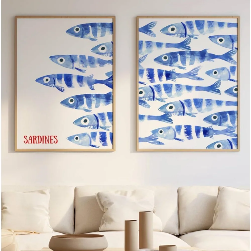 Juego de impresión de sardina sin marco de 2 piezas, impresión de peces de acuarela azul, póster de sardina, decoración náutica de casa de playa, cartel mediterráneo Retro