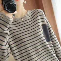 New Autumn/Winter Fashion Korean Edition Round Neck Stripe Loose Versatile Simple and Slim Knitted Women's Long Sleeve Sweater