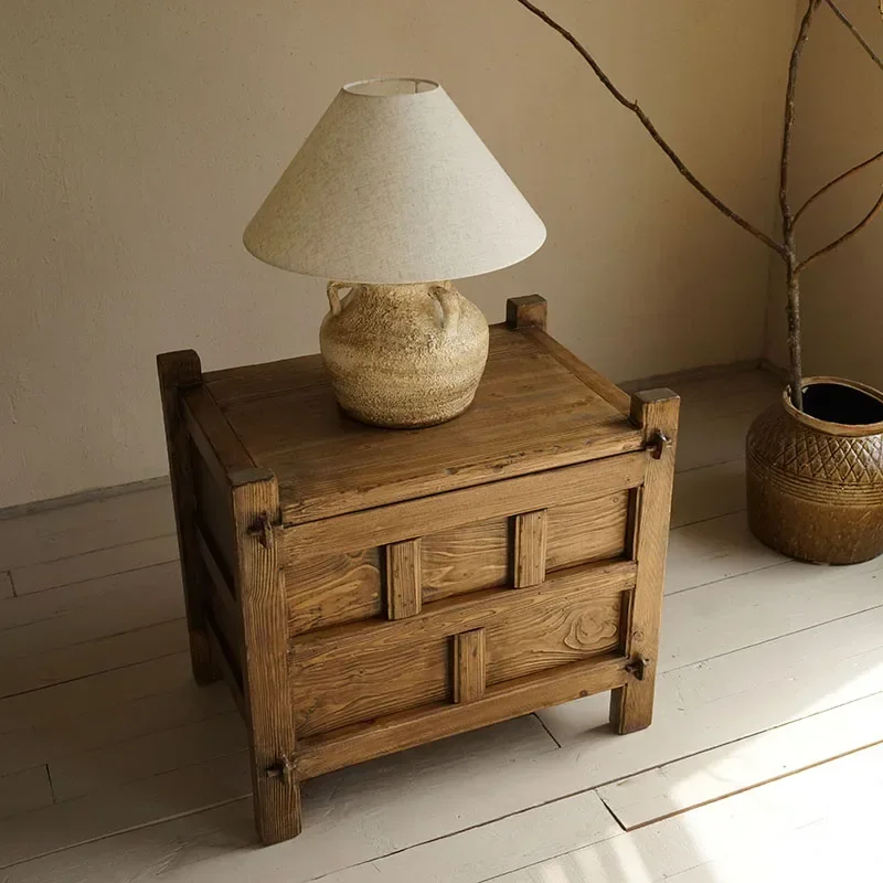 Qiji Style Log Retro Bedside شقة صغيرة تخزين خزانة جانبية #2