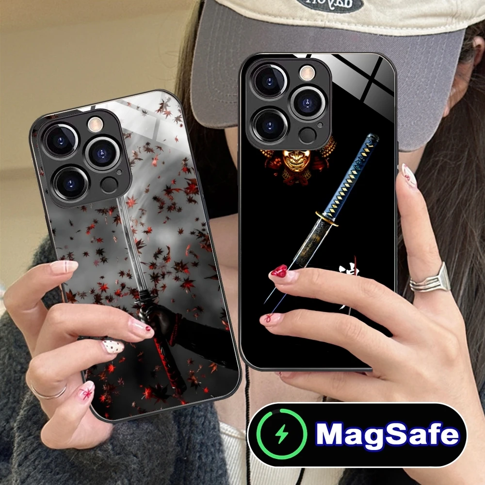 Katana Samurai Ronin Mobile Cell Phone Case for iPhone 16 15 14 13 12 11 Pro Max Plus Mini MagSafe Wireless Charging Glass Cover