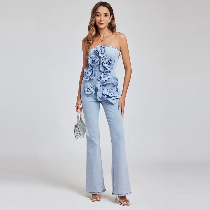 

French Style Sexy Fashionable Heavy Embroidery Floral Strapless Denim Washed Bell Bottom One Piece Pants High Waist Jeans