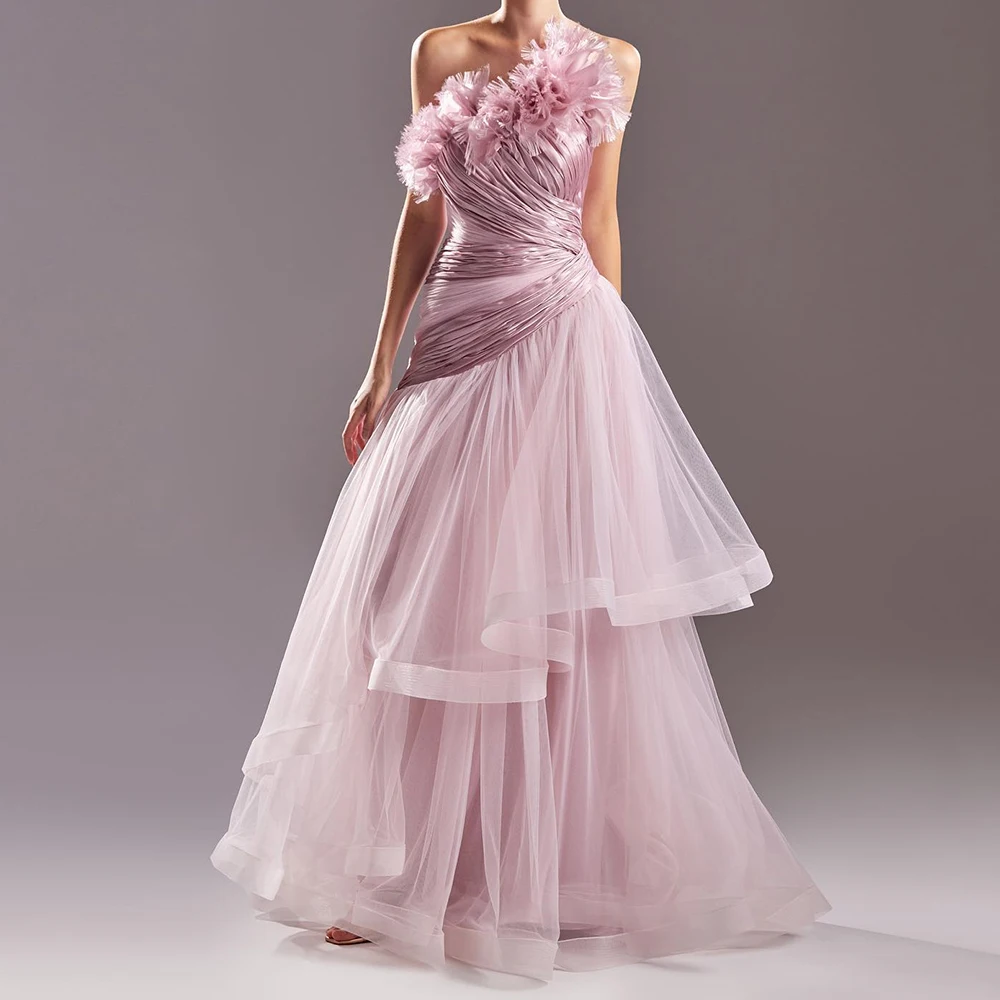 

Customized Exquisite Pleats Flowers Evening Dress Graceful A-Line Strapless Organza Pink Zipper Back Party Dress платье вечернее