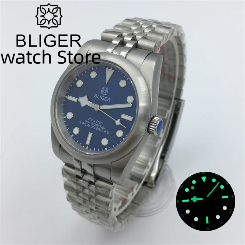 

Bliger36mm 39mm blue dial frosted round bezel Automatic Men's Watch NH35APT5000 Movement Sapphire Glass Silver Jubilee Bracelet